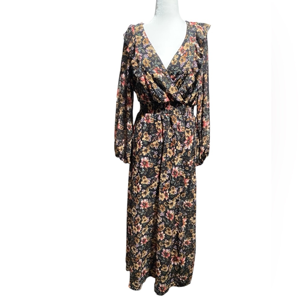 Vestique Black‎ Floral Long Sleeve Dress Maxi Long Black